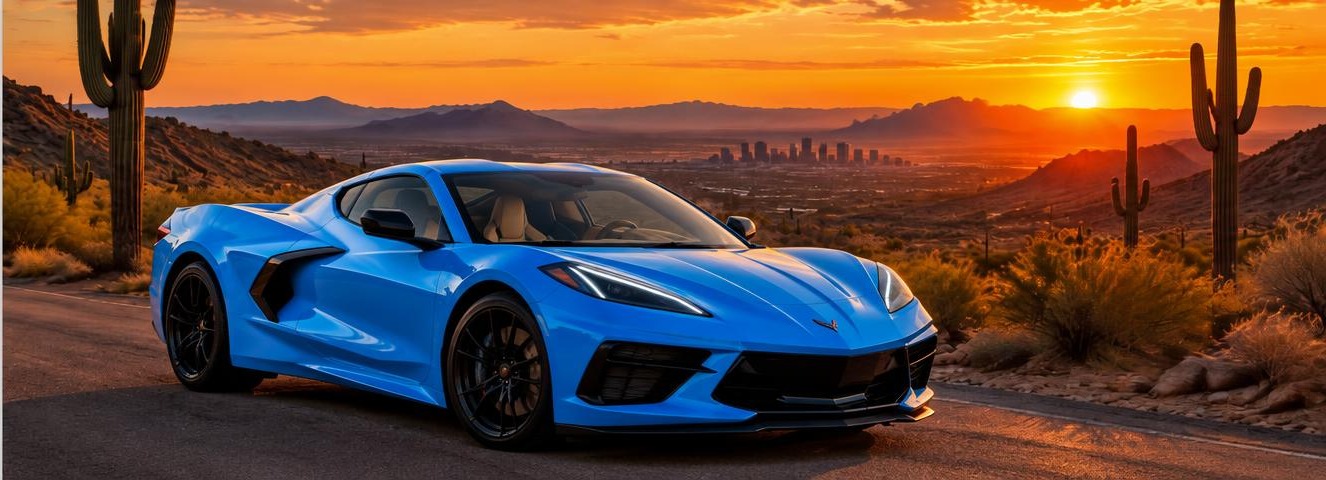 Illustration of a Rapid Blue 2021 Chevrolet Corvette C8 Stingray coupe on a desert road at sunset, with saguaro cacti and the Phoenix skyline in the distance