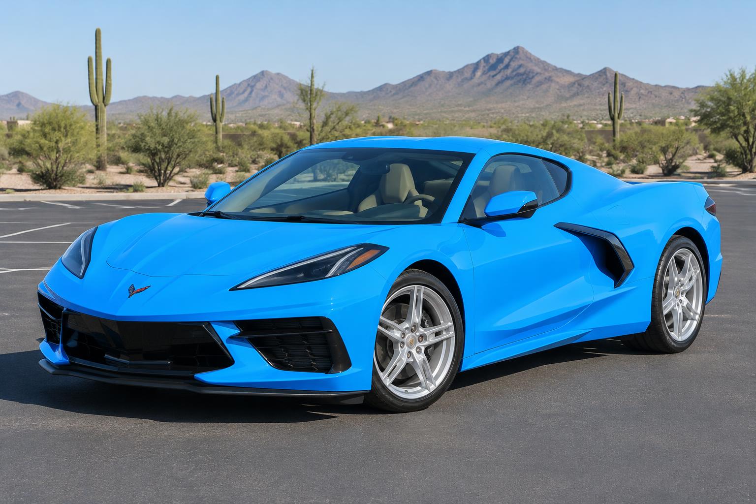 Illustration of a Rapid Blue 2021 Corvette C8 Stingray coupe, front three-quarter view