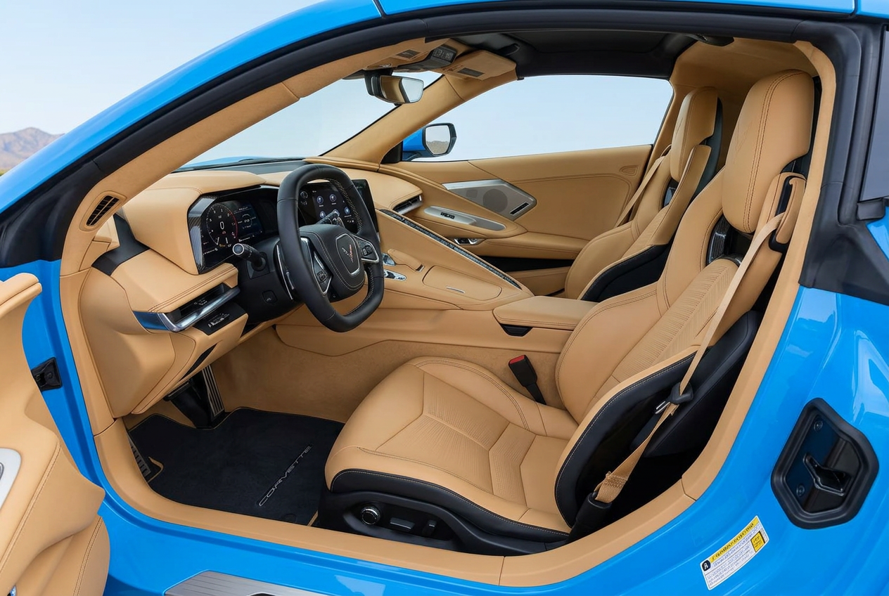 Illustration of a Natural beige Corvette C8 cabin with beige-centered GT2 seats and black accents