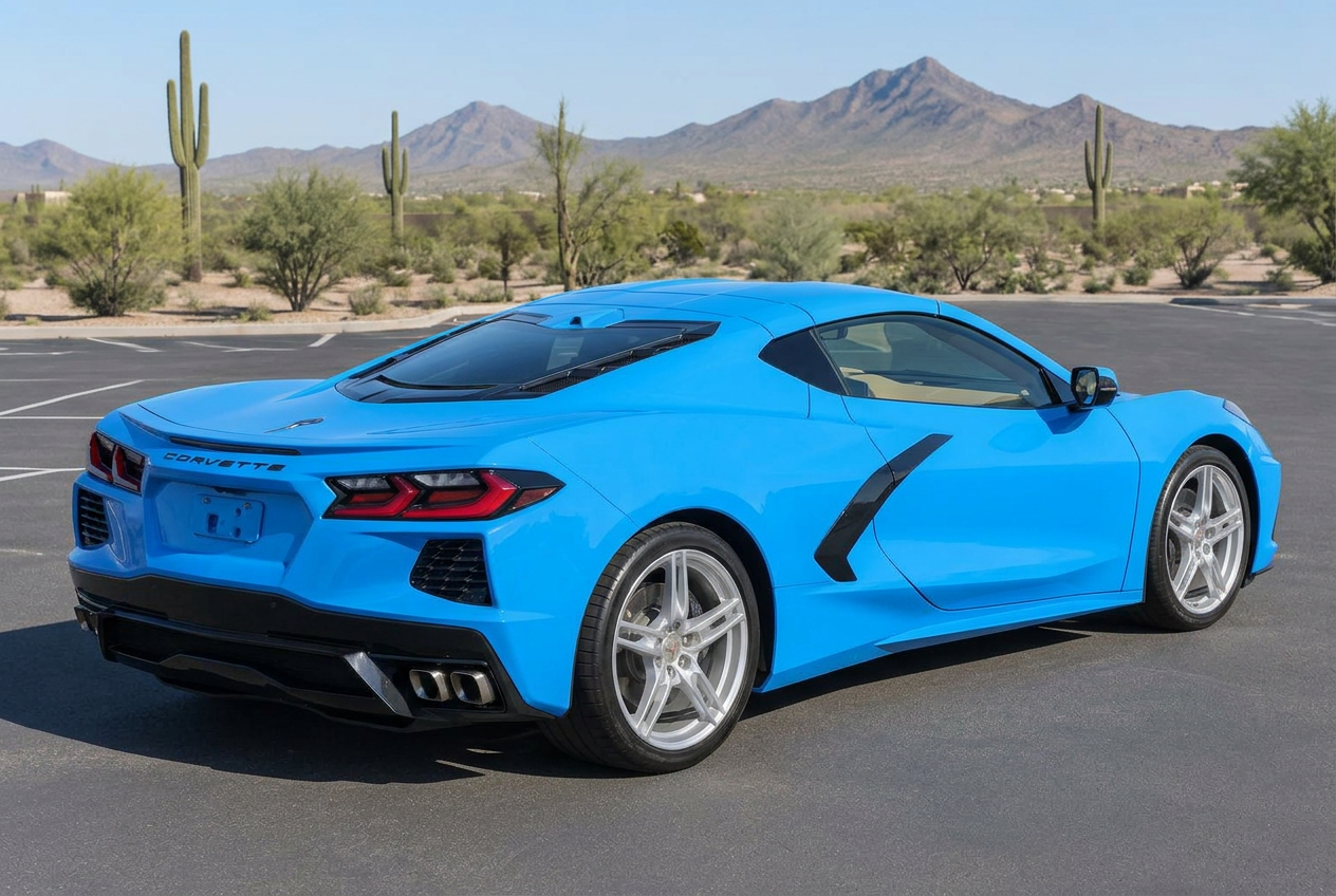 Illustration of the Rapid Blue Corvette C8 coupe from the rear